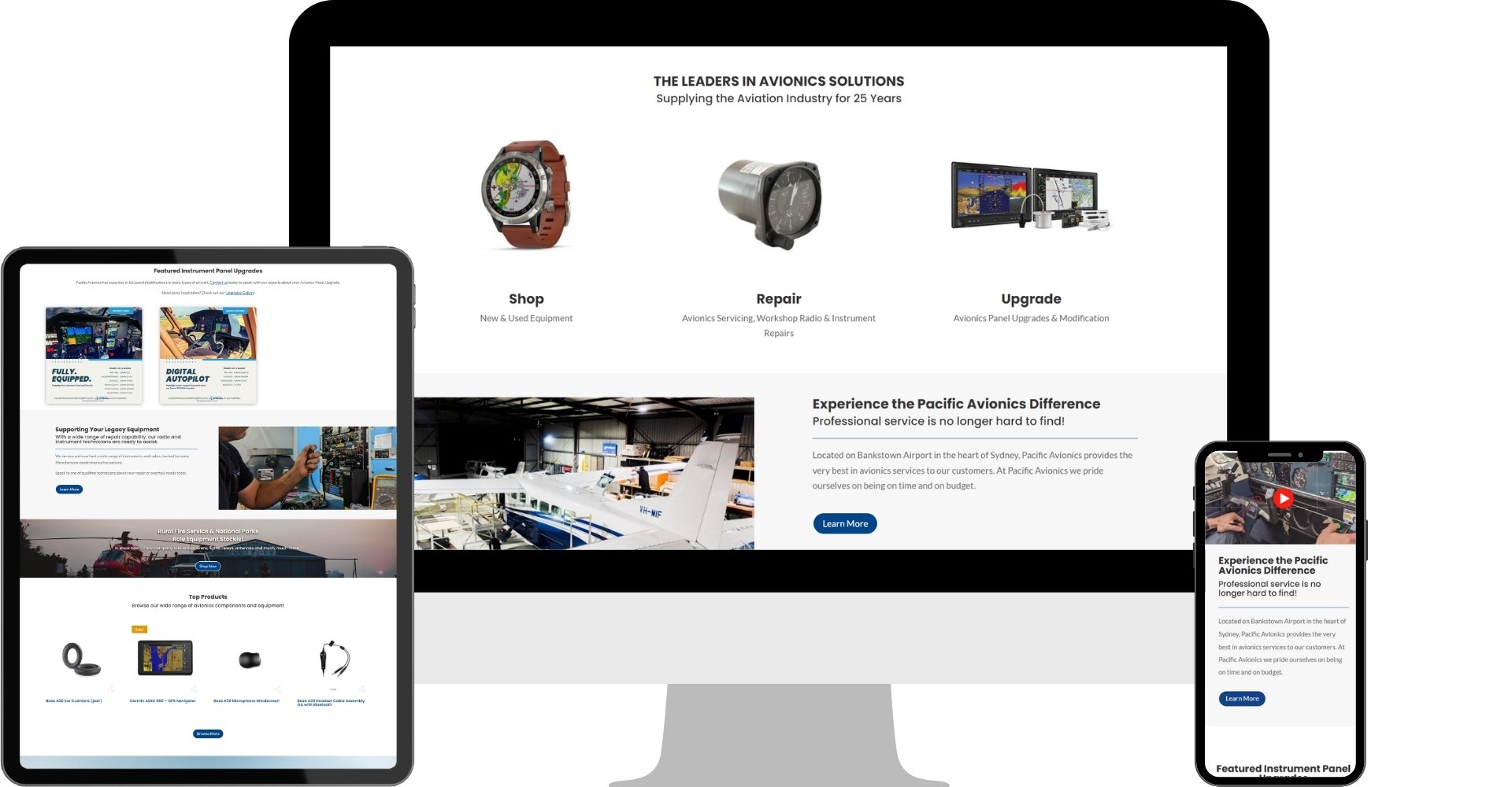 Pacific Avionics website shown on desktop, tablet and mobile