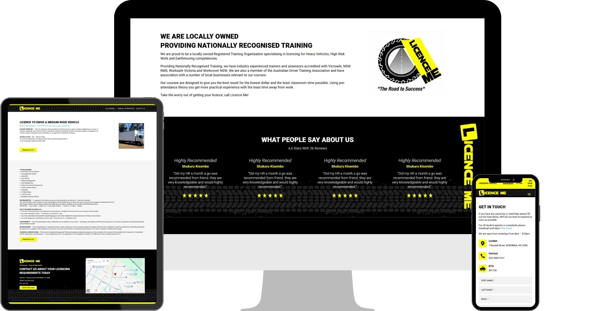 Licence Me website shown on desktop, tablet and mobile